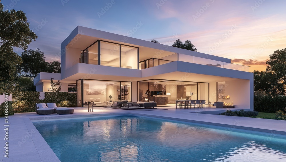 Fototapeta premium Luxury Modern Villa at Sunset with Infinity Pool