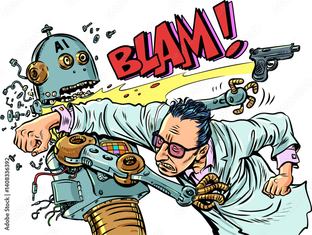Obraz premium Competition for jobs between humans and AI. Man beats robot with gun. Rebellion of machines against humanity.