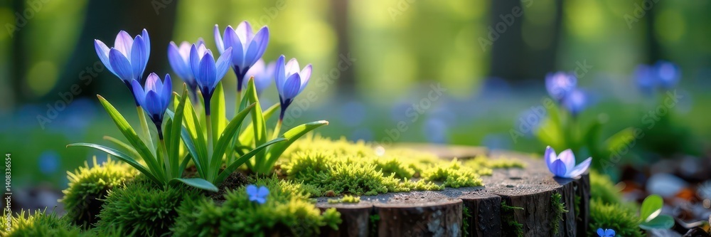 Fototapeta premium Blue spring flowers in sunlight on mossy stump, field, fresh flowers, image