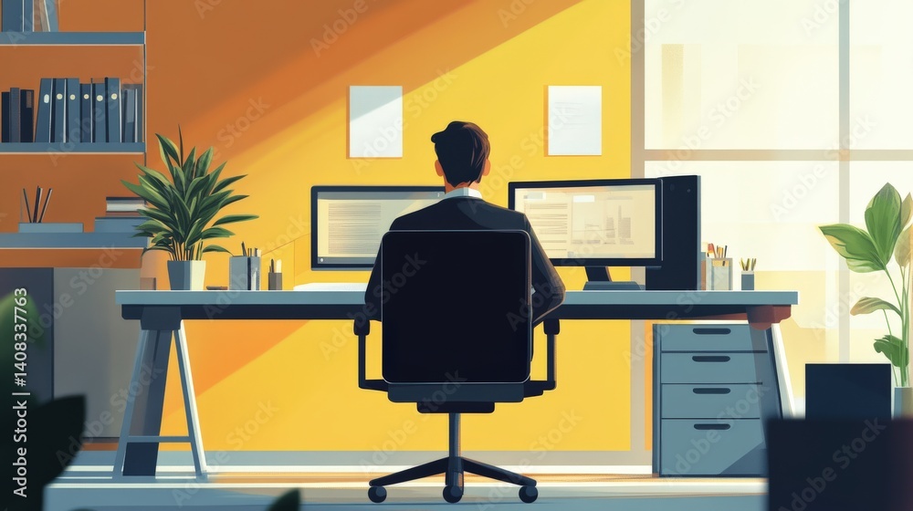 Fototapeta premium A person working at a modern home office desk in a bright yellow room.