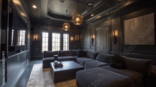 Luxury black-on-black media room with acoustic finishes 
