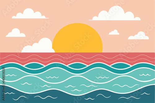 Minimalist beach scene at sunset; sun dipping below a tranquil horizon, wispy clouds, gentle waves.