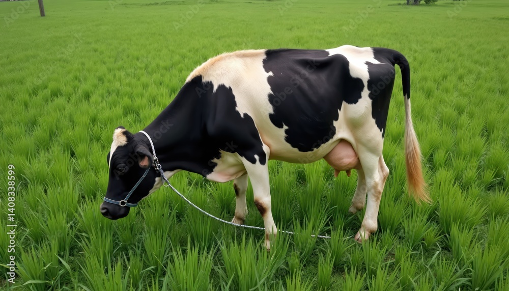Cow grazes in green meadow. Black white dairy cow on leash eating grass in pasture. Dairy farming, agriculture concept. Milk production, beef industry. Livestock animal in countryside. Cow grazes in green meadow. Black white dairy cow on leash eating grass in pasture. Dairy farming, agriculture concept. Milk production, beef industry. Livestock animal in countryside.