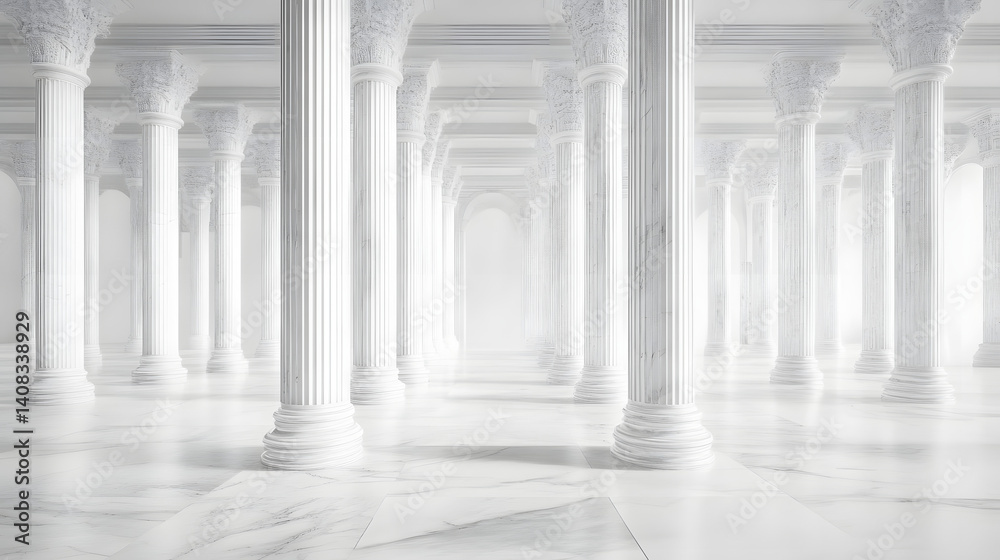 Fototapeta premium A grand, ethereal hall with intricately designed white marble columns, creating a serene and majestic atmosphere.