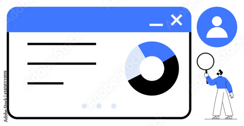 Web interface with a pie chart, text sections, user profile icon, and a person analyzing data. Ideal for data analysis, business insight, user interface design, digital tools, marketing corporate