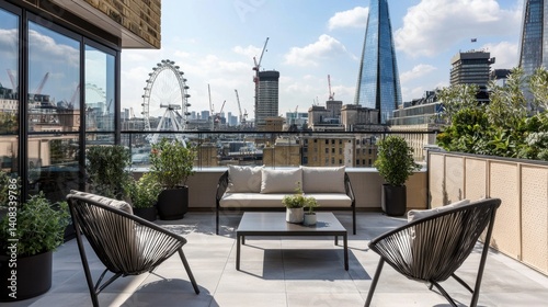 Modern rooftop terrace with city view featuring seating arrangements and skyline landmarks
