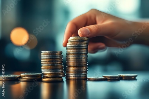Close-Up of Hand Holding Stack of Coins in Small Business Office, Representing Success and Growth in Minimum Wage and Compensation
