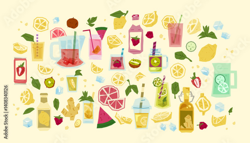Fruit drinks and ingredients set