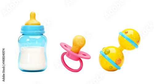A baby bottle with milk, a pink pacifier, and a yellow rattle toy on a black background studio shot