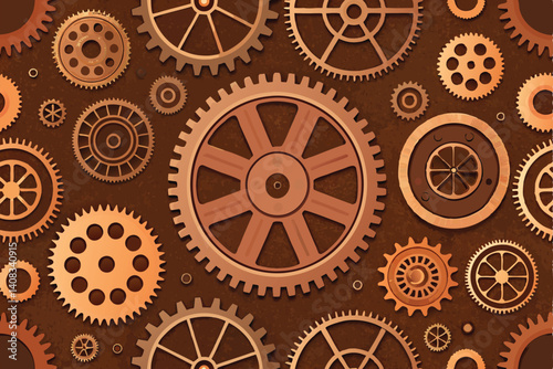 Detailed illustration of intricate steampunk gears, cogs, and clockwork mechanisms interwoven, showcasing polished brass and copper textures.