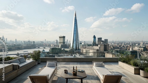 Luxurious rooftop terrace with stunning cityscape view of London on a clear sunny day