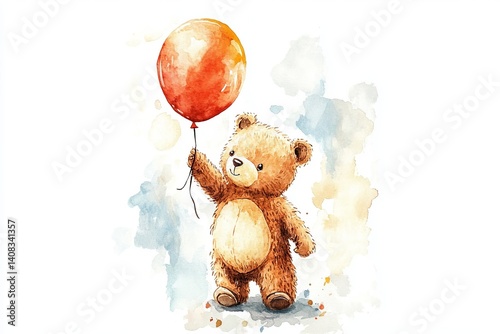 Watercolor painting of a teddy bear holding an orange balloon against a white and blue background