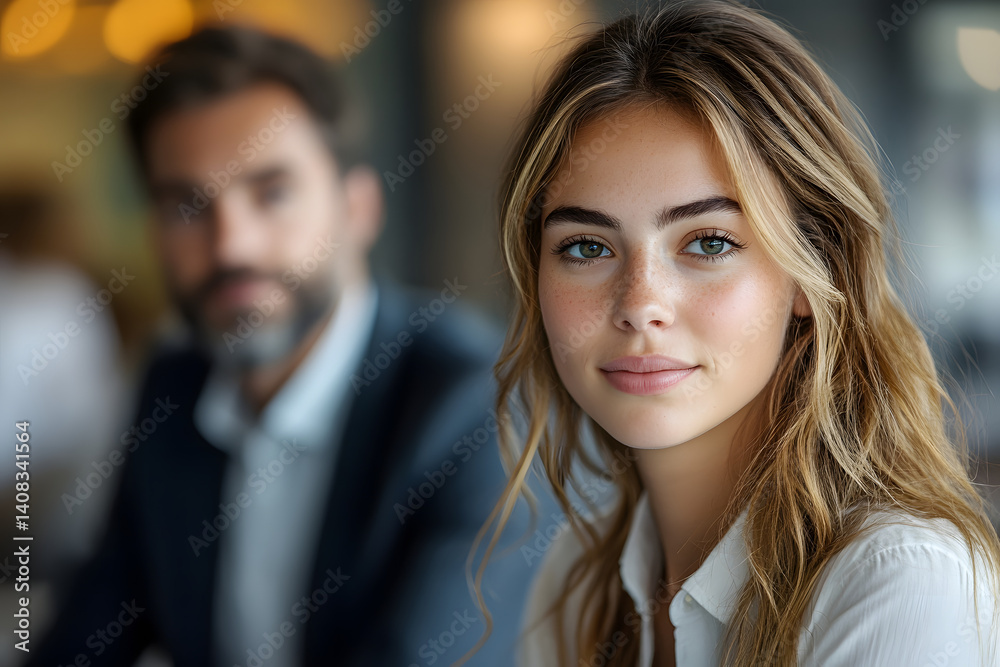 Young woman in business casual attire, focused and professional, during a meeting Young woman in business casual attire, focused and professional, during a meeting