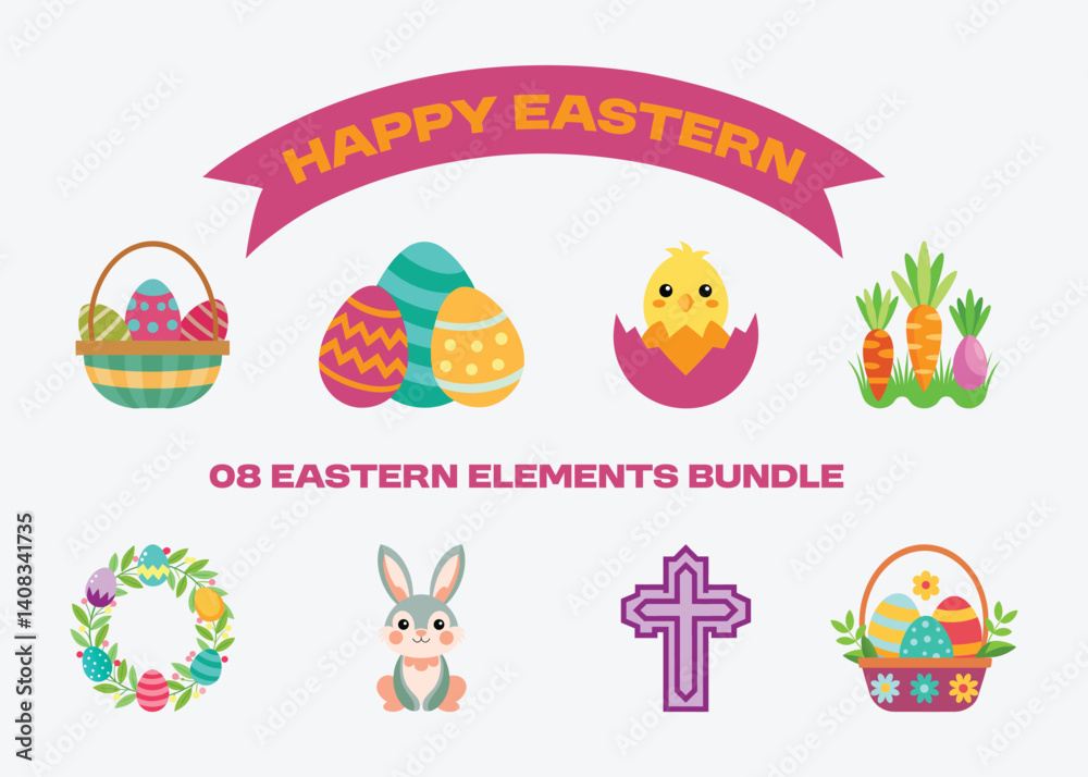 A bundle of happy easter elements isolated on white background A bundle of happy easter elements isolated on white background