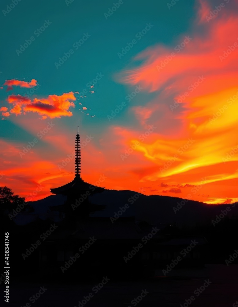 Silhouetted Japanese temple against vibrant sunset sky, white background, aesthetic, architecture, graphic Silhouetted Japanese temple against vibrant sunset sky, white background, aesthetic, architecture, graphic