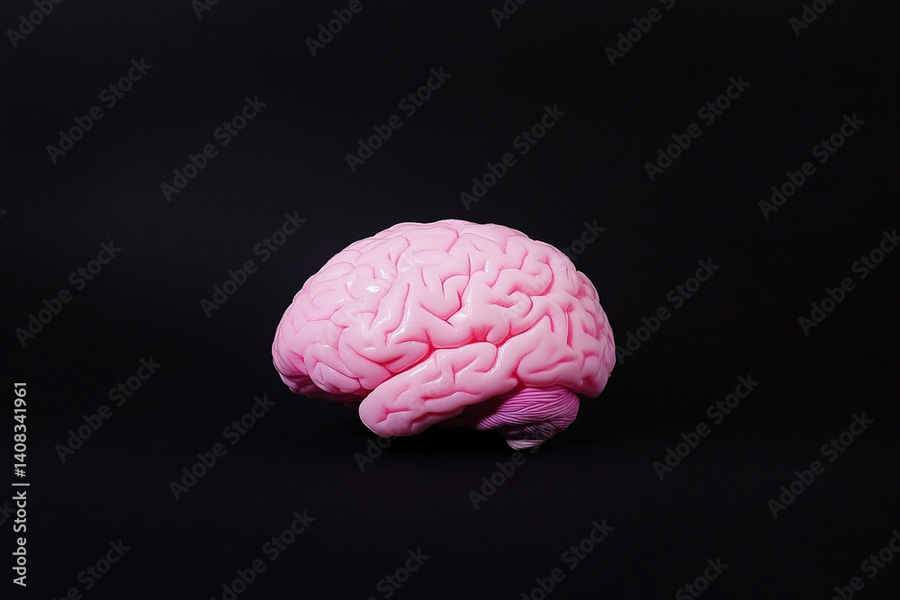 Bright pink brain model displayed on a dark background highlighting anatomical details and structure Bright pink brain model displayed on a dark background highlighting anatomical details and structure