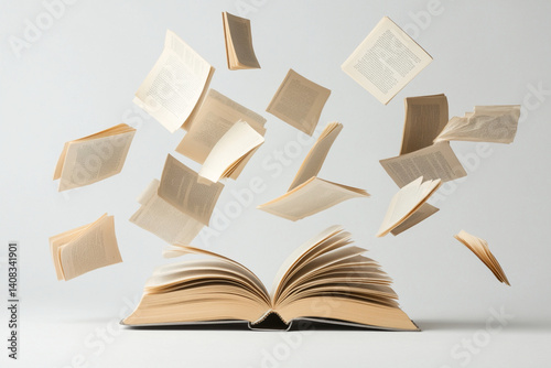 Floating pages from an open book create a captivating visual representation of storytelling and imagination