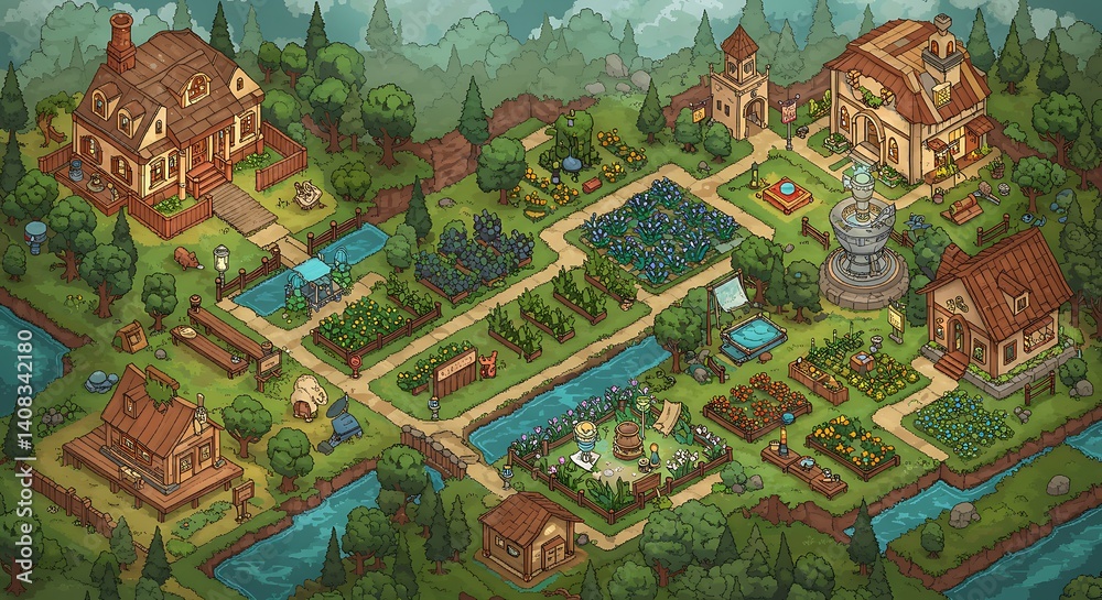 Fototapeta premium Isometric Village Illustration with Houses, Gardens and Streams