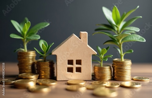 Wooden house model, plants grow on golden coins. Home loan concept, mortgage investment. Budget property, finance, banking, saving for buying home. Rising interest rate concept.