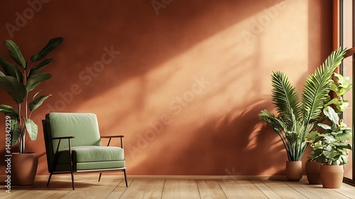 Fototapeta Naklejka Na Ścianę i Meble -  3D rendering of a modern interior design with a terracotta wall mockup and a green armchair, wooden floor, plants in pots on the side, in a minimalistic style, with empty space for text