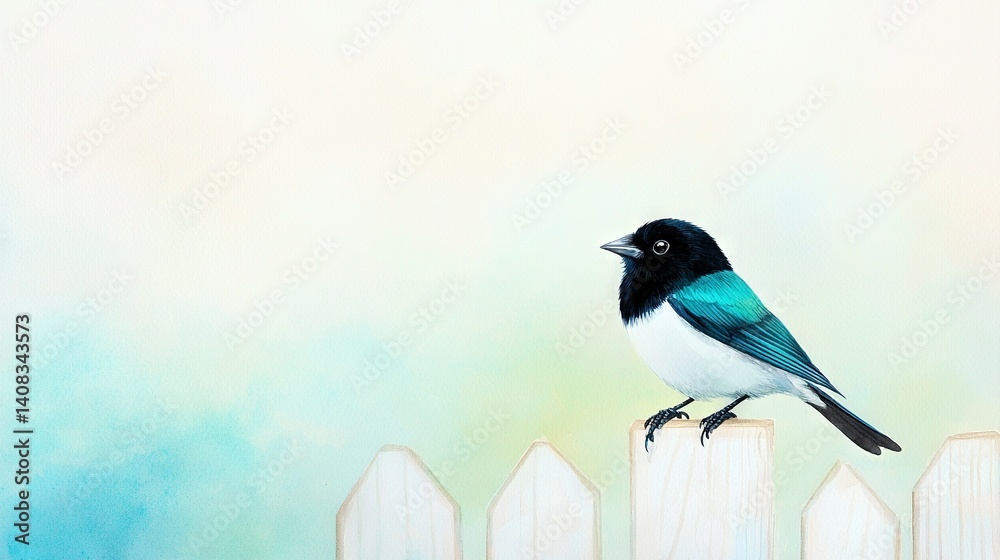 Obraz premium A bird perched atop a wooden railing alongside a blue-and-white fence against a backdrop of azure skies