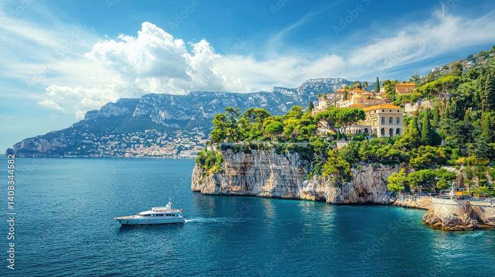 Naklejka premium Stunning coastal view with a yacht sailing along the cliffs of a Mediterranean town near an azure sea