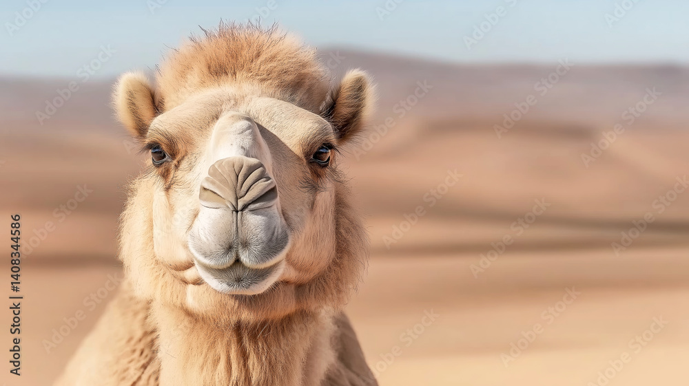 Obraz premium Camel face filling frame with sandy beige tones, highlighting textured fur against desert landscape background