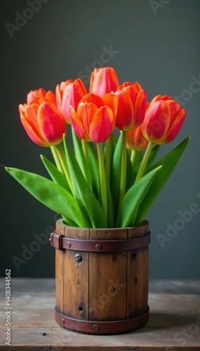Vibrant tulips burst from rustic wooden planter , wooden planter, blossom