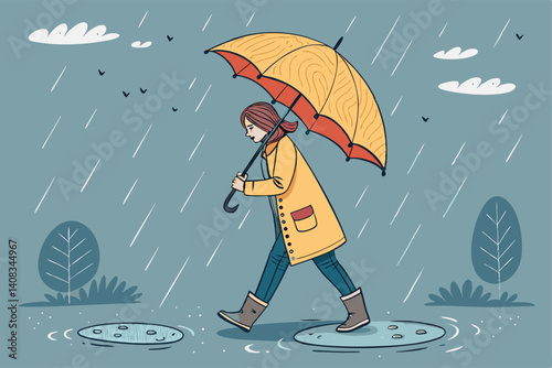 A cheerful cartoon person joyfully skips under a bright red umbrella in a whimsical, colorful rainy day scene.