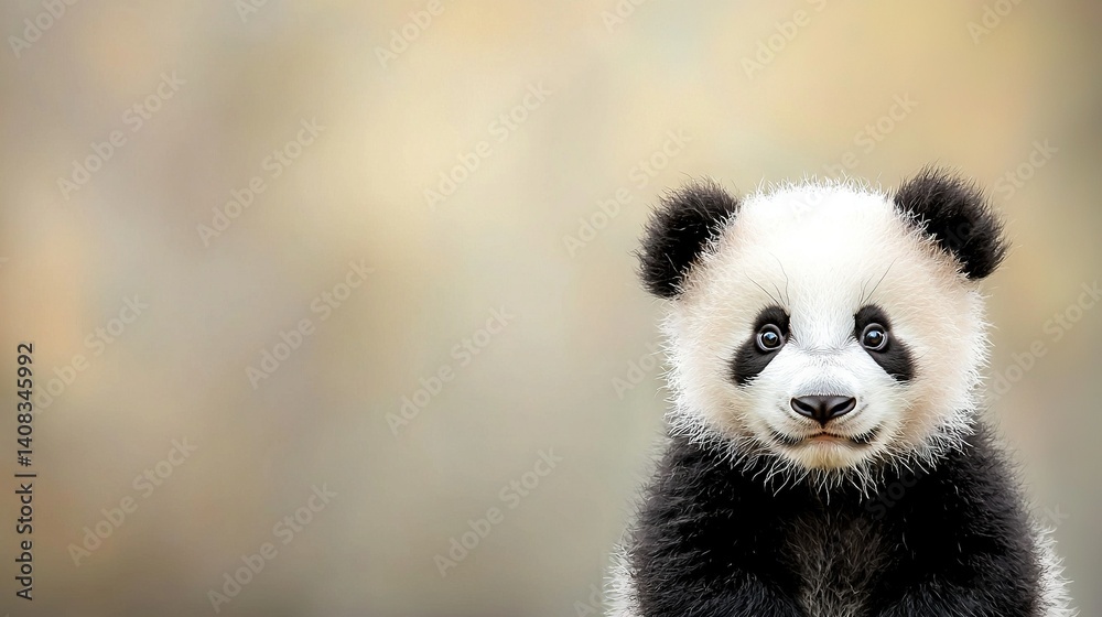 Obraz premium Black-and-white Panda sitting on dirt, gazing into camera