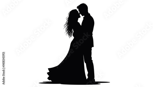 Silhouette of Couple in Love Embracing against a White Background  