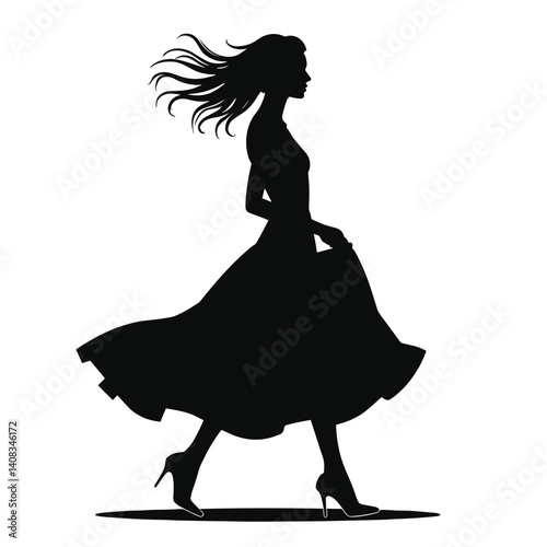 Silhouette of a woman walking gracefully in a dress  