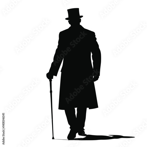 Silhouette of a gentleman walking with a cane on a white background  