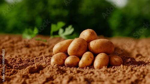 Soil covered potatoes freshly harvested from the field, forming a small pile on the ground, with green leaves and a warm countryside atmosphere in the background