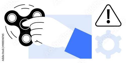 Hand spins fidget spinner beside warning icon and gear outline, symbolizing stress relief, focus, alertness, gaming, tools, optimization mindfulness. Ideal for productivity and alertness. Flat