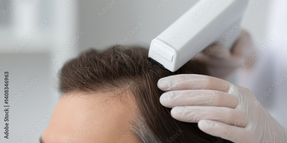 Naklejka premium Examined the condition of the scalp and hair follicles with a trichoscope in the medical office of doctor trichologist