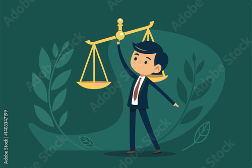 A person in a sharp suit, impeccably dressed, holds aloft a gleaming scale of justice, symbolizing law and fairness.  The setting is subtly implied.