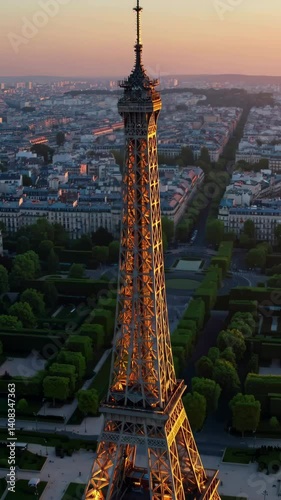 Majestic sunset over eiffel tower captured from aerial view highlighting cityscape transformation