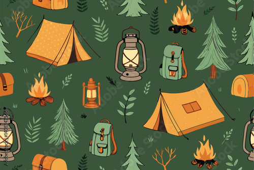 Create a vibrant, seamless pattern featuring camping gear tents, lanterns, and other related equipment.  Focus on a fun, outdoorsy aesthetic.