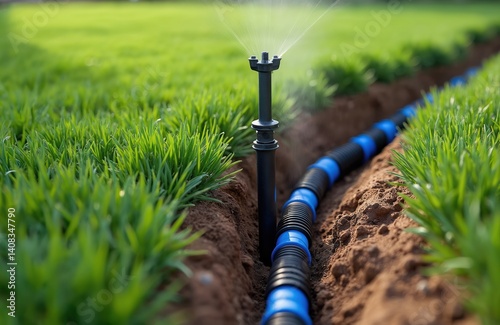 Close-up view installing automatic pop-up lawn sprinkler. Green grass lawn irrigation system with blue, black piping. Watering, humidification, automation system in garden, agricultural field. Water