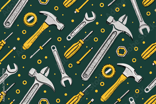 Create a vibrant, seamless pattern featuring intricately detailed wrenches, hammers, and screwdrivers, showcasing various angles and sizes for a repetitive, tool-themed design.