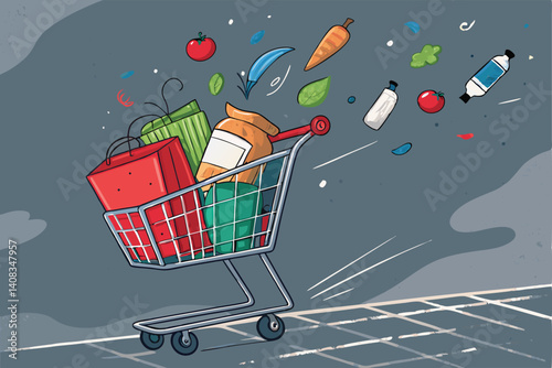 A runaway shopping cart soars through the air, groceries and products spilling dramatically from its overflowing basket.