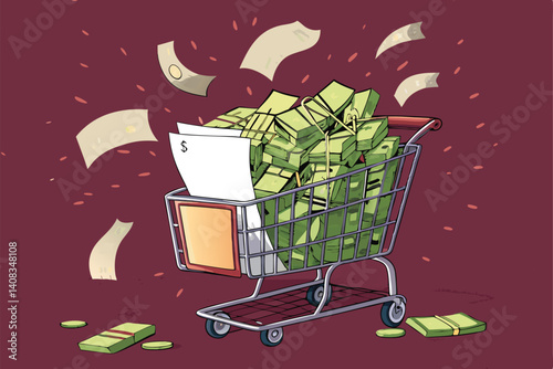 A overflowing shopping cart bursting with cash, various receipts, and credit cards; a visual metaphor for consumerism and debt.