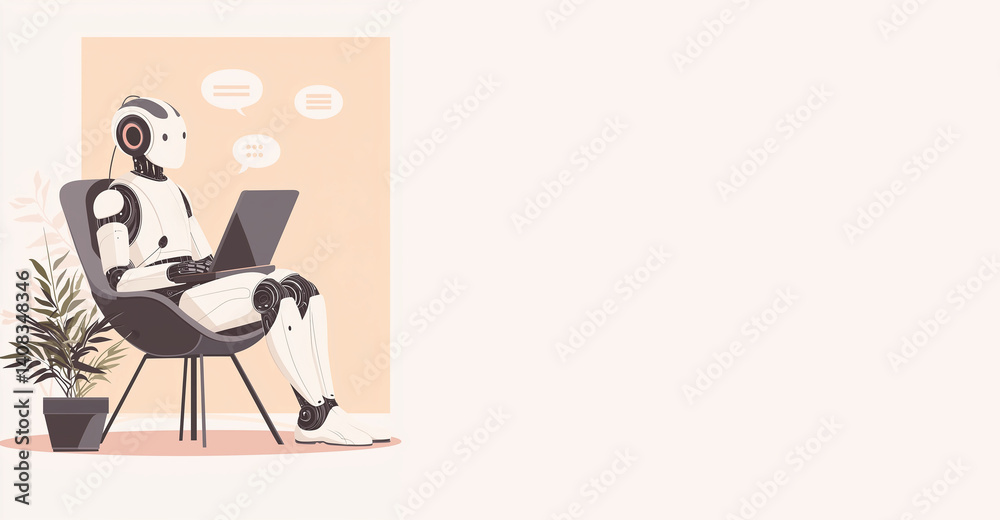 Fototapeta premium Cute humanoid robot working on laptop in modern interior