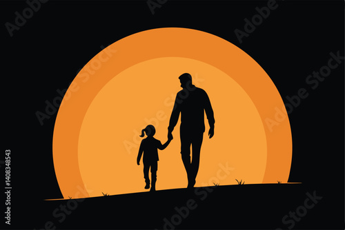 A minimalist black silhouette of a father and child holding hands, walking towards the sunset.  The image should evoke a sense of warmth and togetherness.