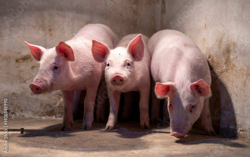 Piglet standing in barn with heating lights