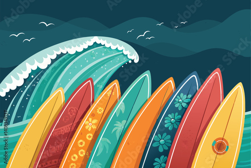 Vibrant, diagonally stacked surfboards in bright turquoise, yellow, and pink, showcasing summer vibes and beach culture.