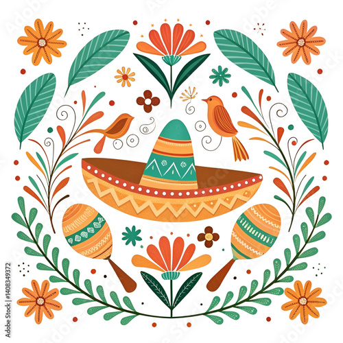 Mexican-themed festive background with intricate ethnic floral patterns and colorful ornamental border, ideal for Cinco de Mayo celebration posters.