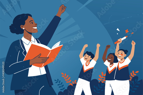 A vibrant, colorful illustration of a teacher, beaming with pride, holding a book aloft as enthusiastic students cheer around them.