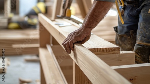 Carpenter assembling wooden shelves at a construction site. Featuring craftsmanship and focus